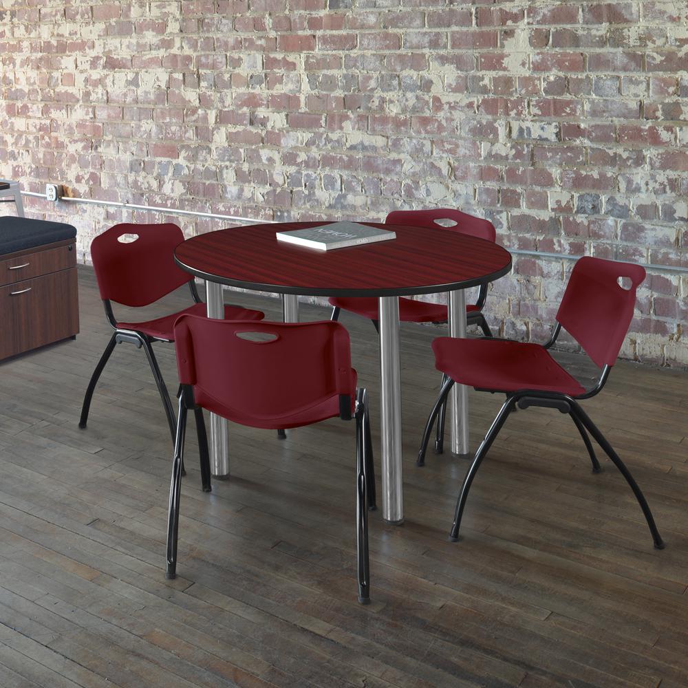 Kee 48" Round Breakroom Table- Mahogany/ Chrome & 4 'M' Stack Chairs- Burgundy. Picture 2