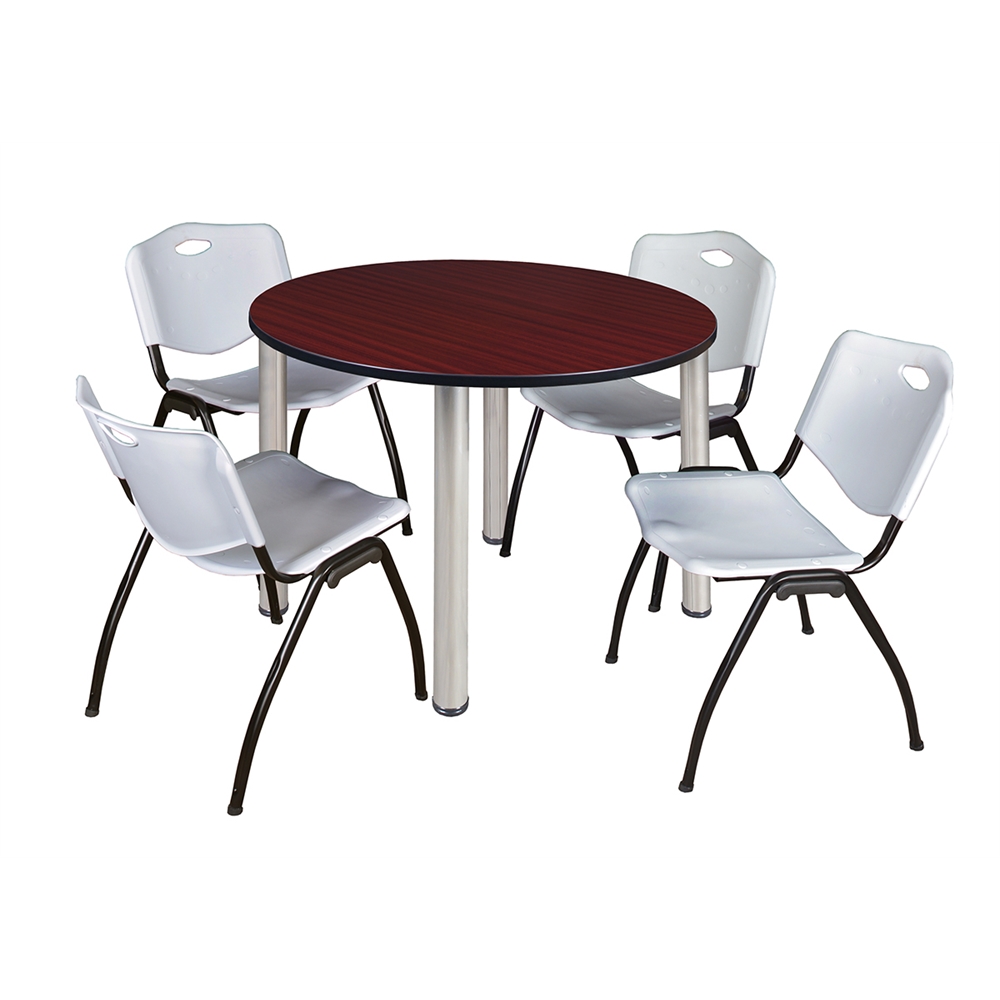 Kee 48" Round Breakroom Table- Mahogany/ Chrome & 4 'M' Stack Chairs- Grey. Picture 1