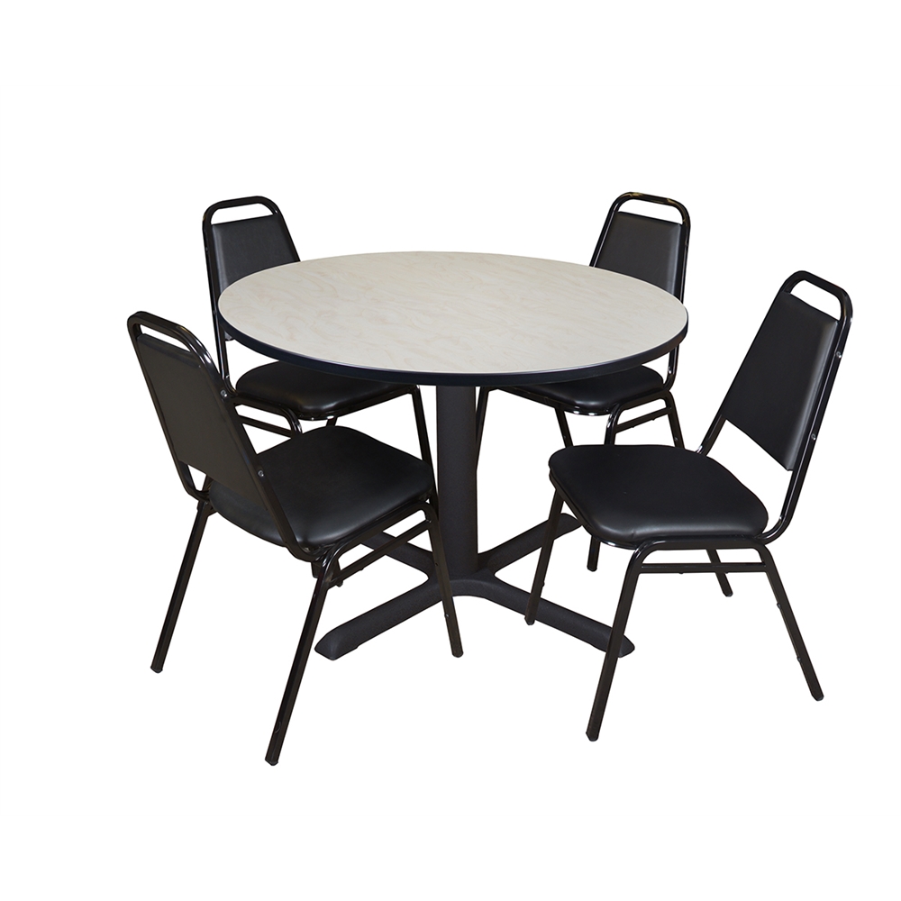 Cain 48" Round Breakroom Table- Maple & 4 Restaurant Stack Chairs- Black. Picture 1