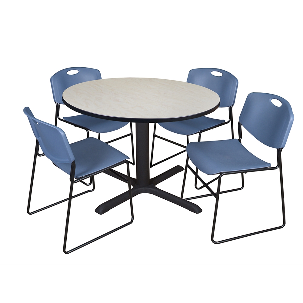 Cain 48" Round Breakroom Table- Maple & 4 Zeng Stack Chairs- Blue. Picture 1