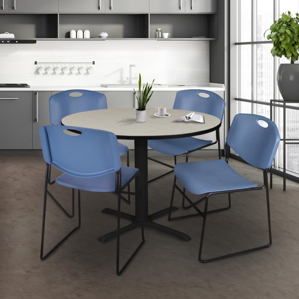 Cain 48" Round Breakroom Table- Maple & 4 Zeng Stack Chairs- Blue. Picture 2