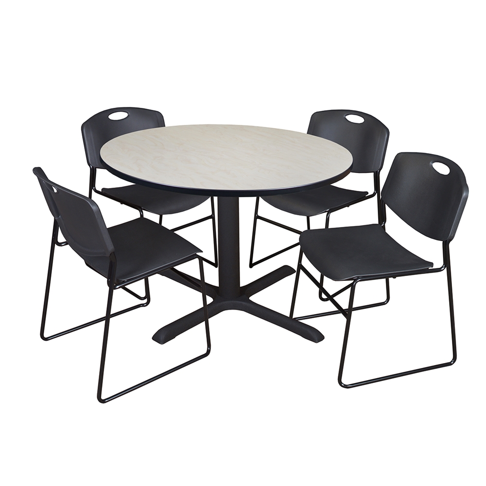 Cain 48" Round Breakroom Table- Maple & 4 Zeng Stack Chairs- Black. Picture 1