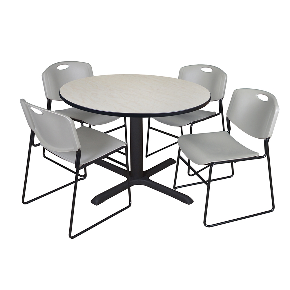 Cain 48" Round Breakroom Table- Maple & 4 Zeng Stack Chairs- Grey. Picture 1