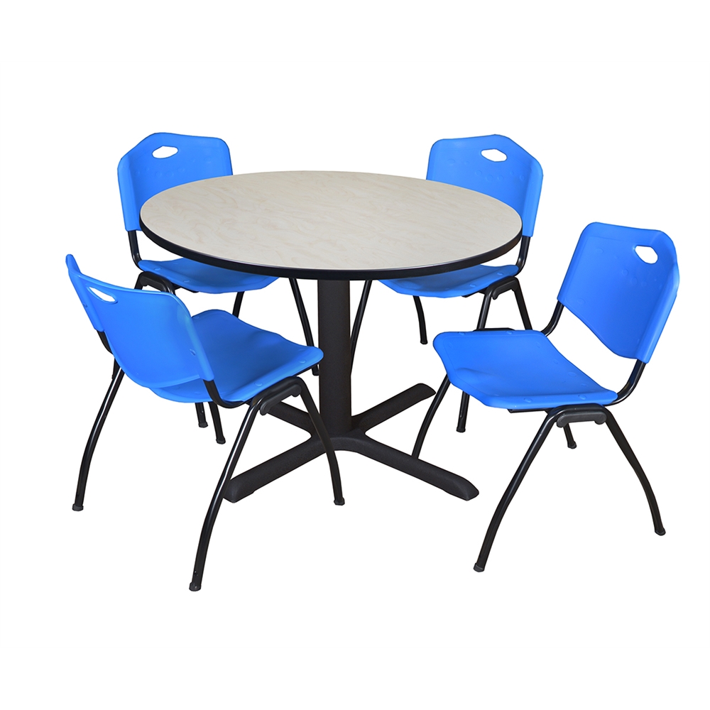 Cain 48" Round Breakroom Table- Maple & 4 'M' Stack Chairs- Blue. Picture 1
