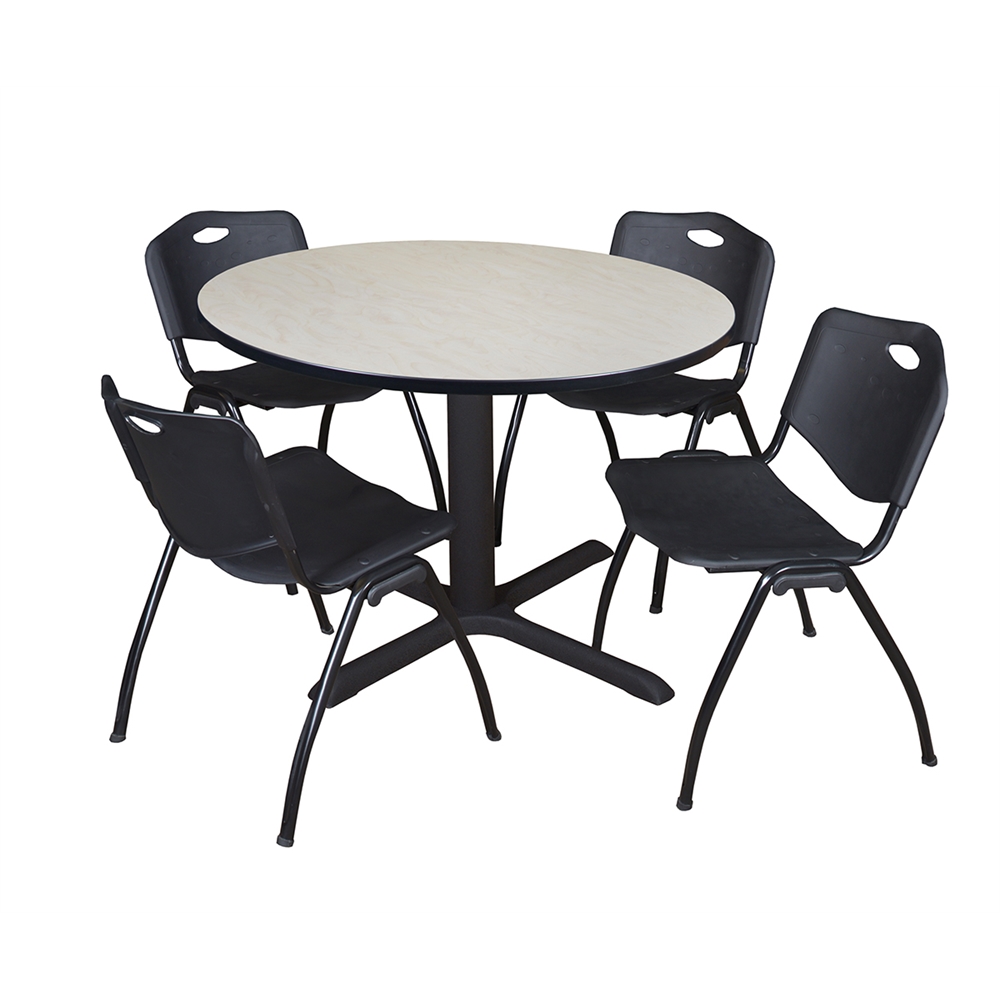 Cain 48" Round Breakroom Table- Maple & 4 'M' Stack Chairs- Black. Picture 1