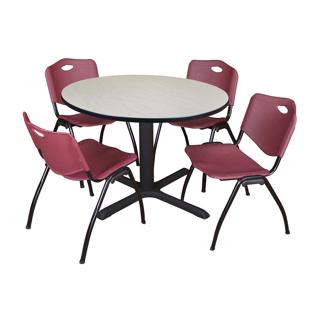Cain 48" Round Breakroom Table- Maple & 4 'M' Stack Chairs- Burgundy. Picture 1