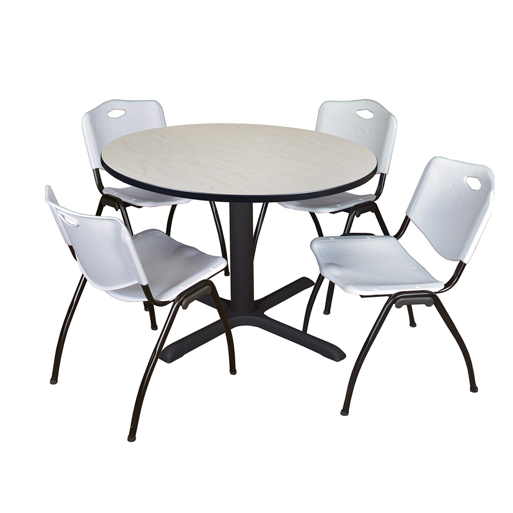 Cain 48" Round Breakroom Table- Maple & 4 'M' Stack Chairs- Grey. Picture 1