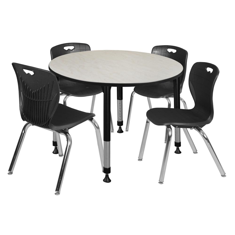 Kee 48" Round Height Adjustable Classroom Table - Maple & 4 Andy 18-in Stack Chairs- Black. Picture 1