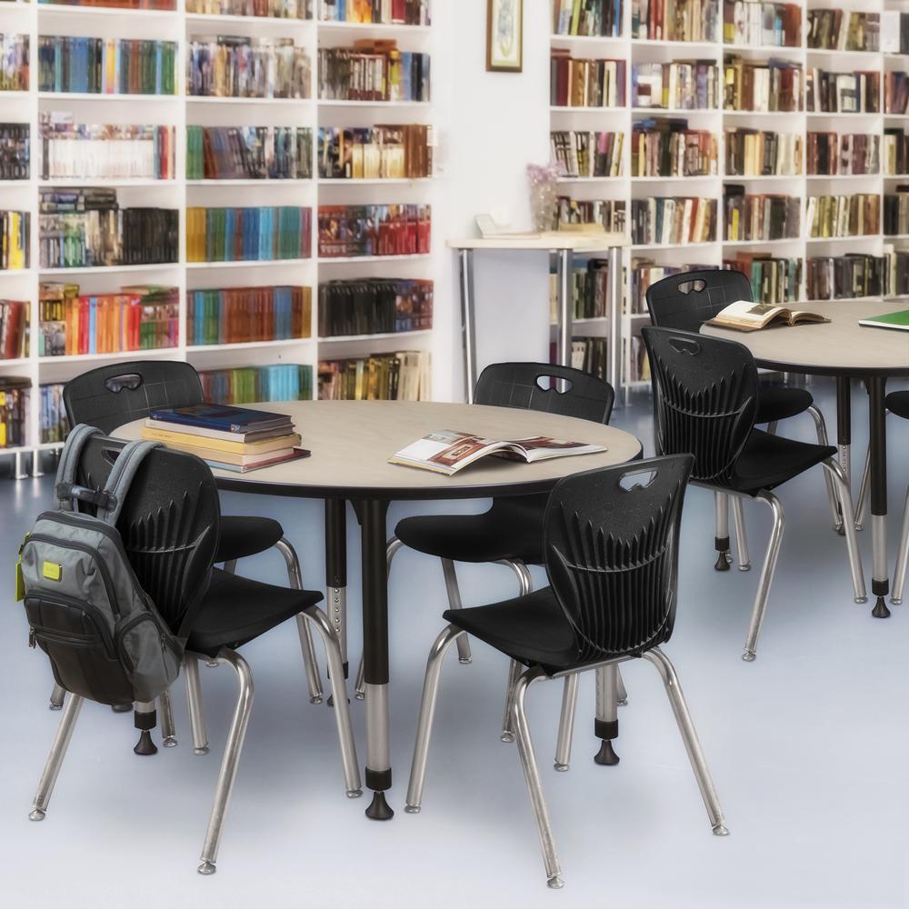 Kee 48" Round Height Adjustable Classroom Table - Maple & 4 Andy 18-in Stack Chairs- Black. Picture 6