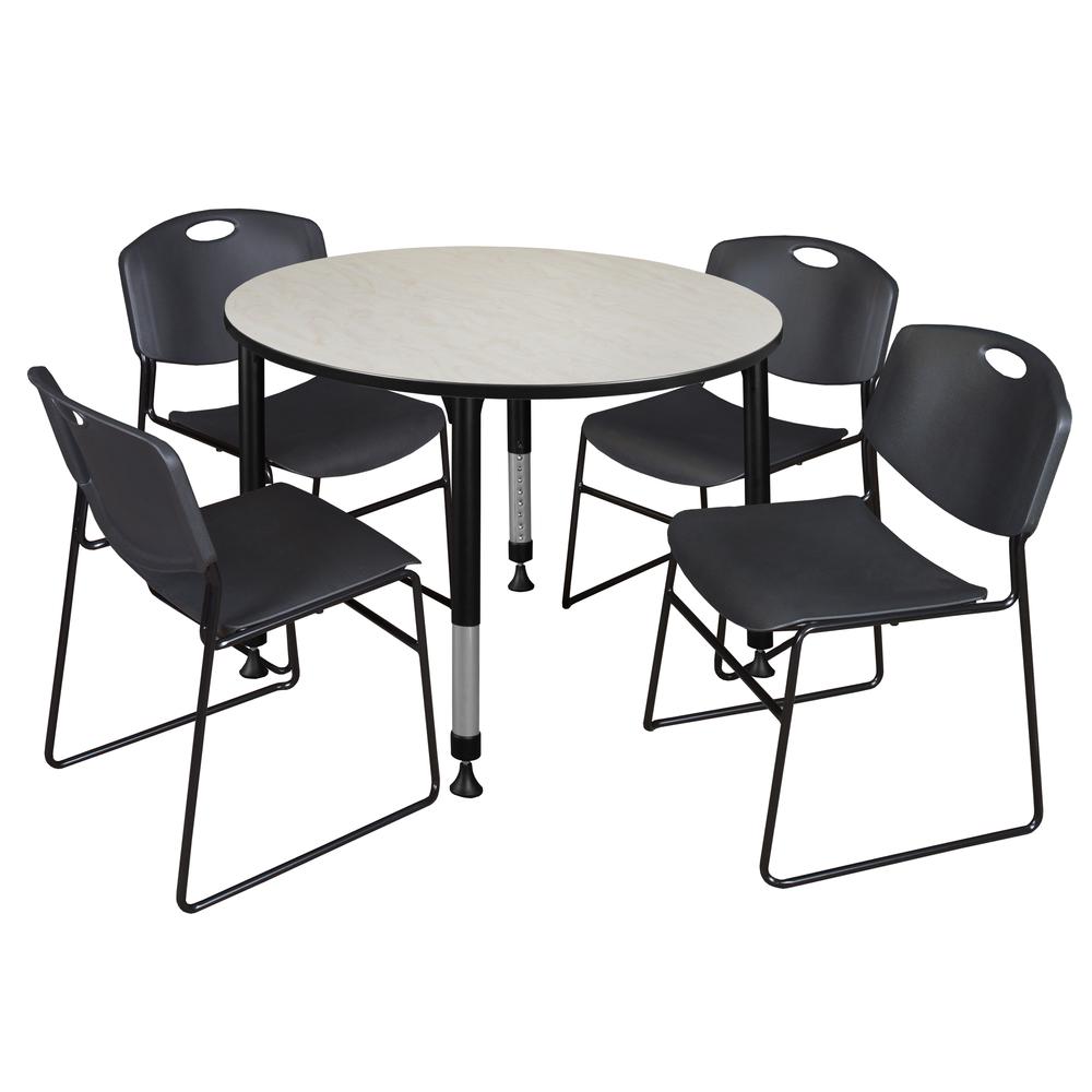 Kee 48" Round Height Adjustable Classroom Table - Maple & 4 Zeng Stack Chairs- Black. Picture 1