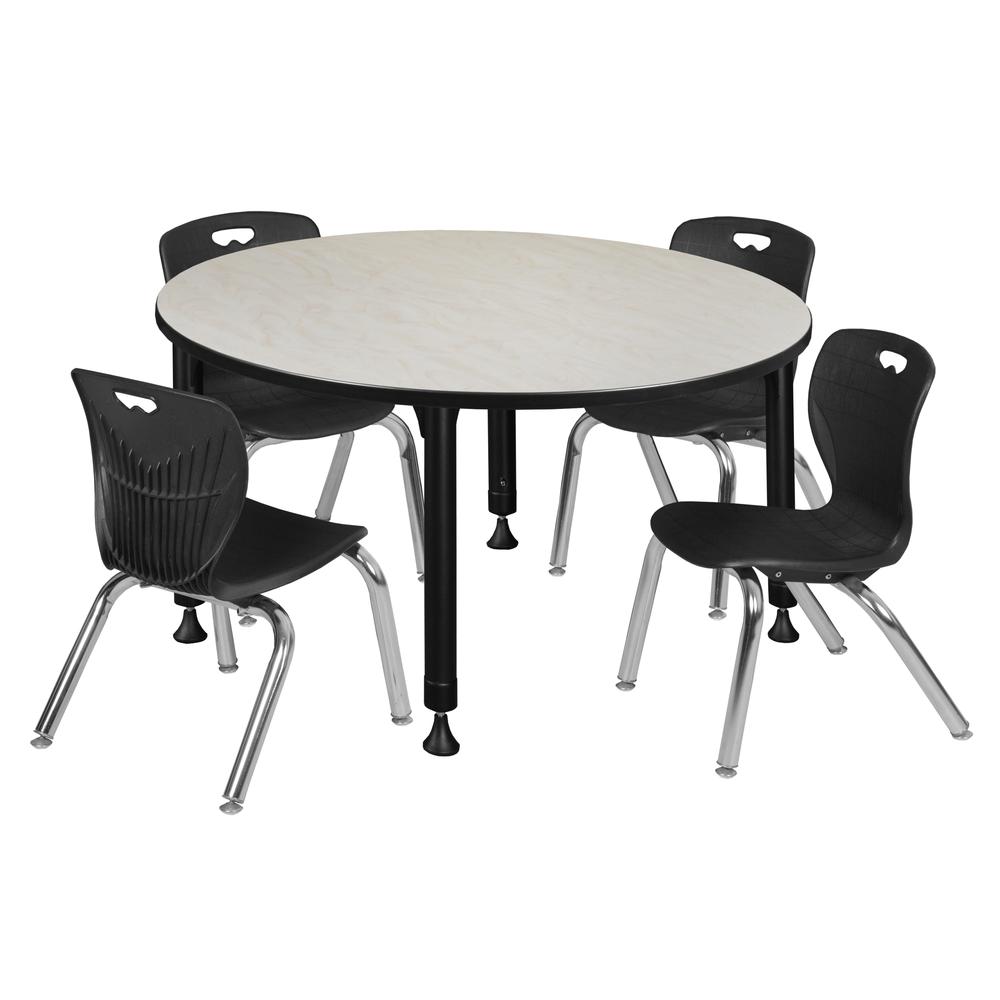 Kee 48" Round Height Adjustable Classroom Table - Maple & 4 Andy 12-in Stack Chairs- Black. Picture 1