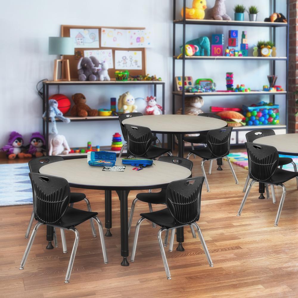 Kee 48" Round Height Adjustable Classroom Table - Maple & 4 Andy 12-in Stack Chairs- Black. Picture 6