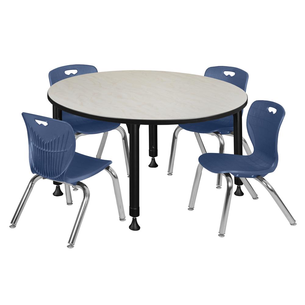 Kee 48" Round Height Adjustable Classroom Table - Maple & 4 Andy 12-in Stack Chairs- Navy Blue. Picture 1