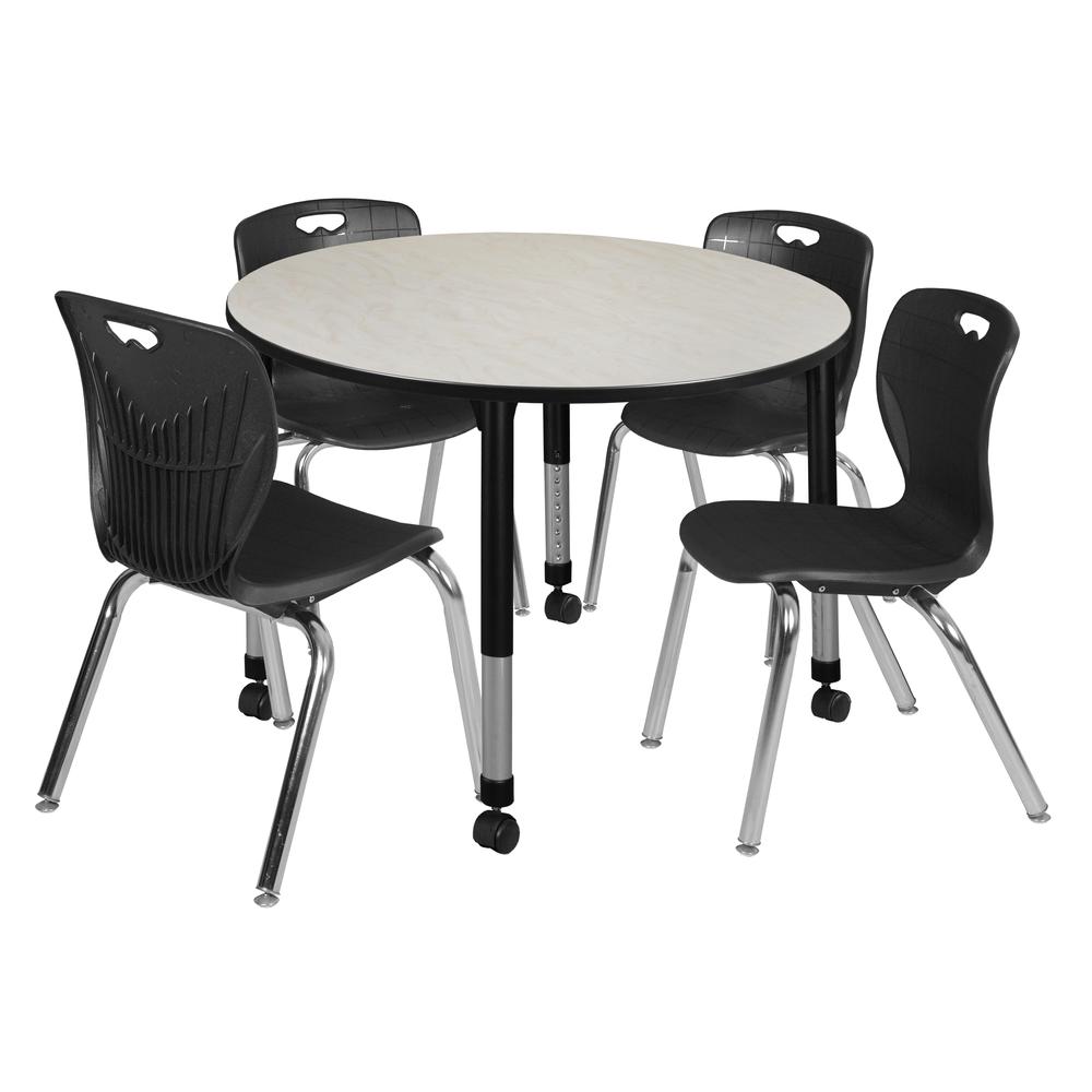 Kee 48" Round Height Adjustable Classroom Table - Maple & 4 Andy 18-in Stack Chairs- Black. Picture 1