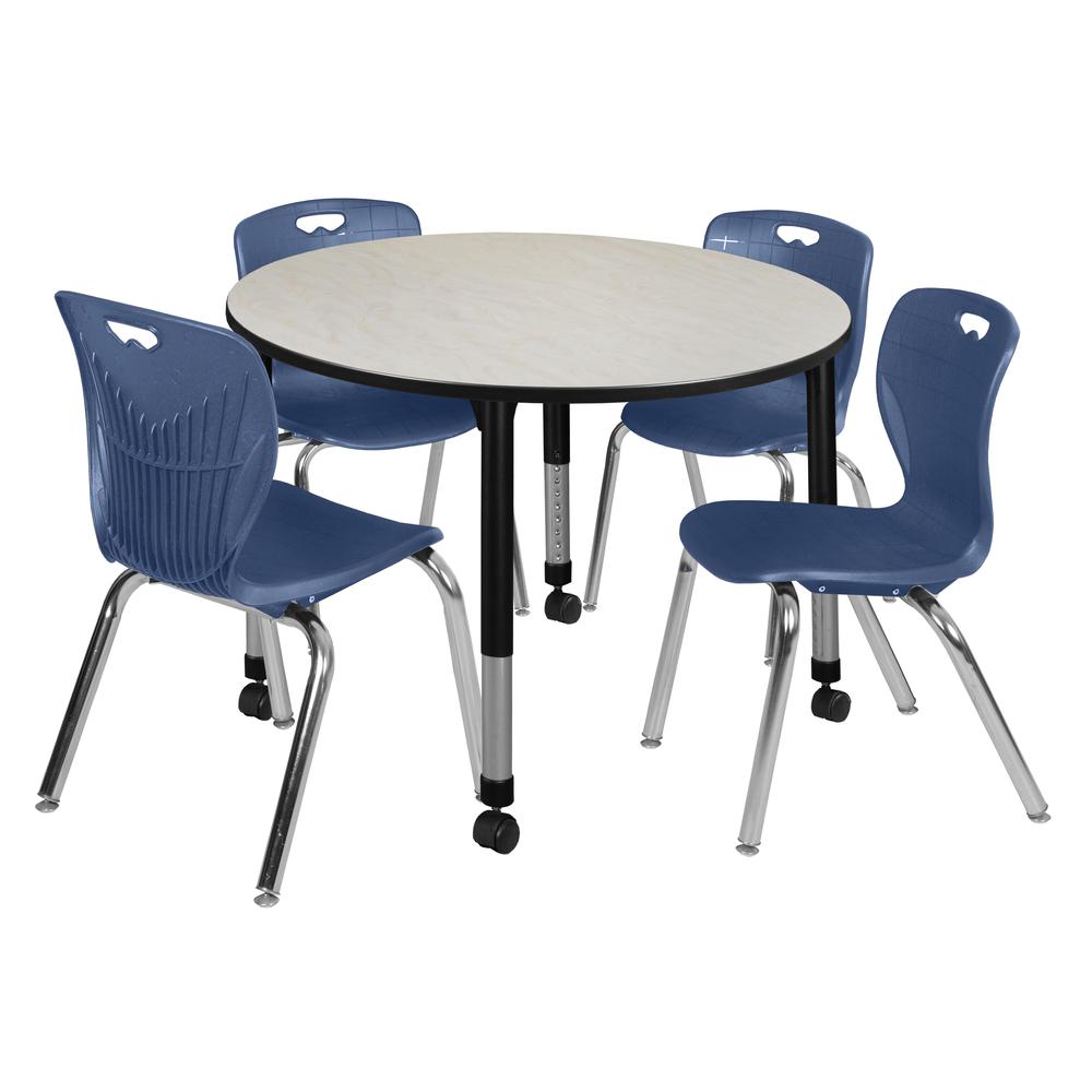 Kee 48" Round Height Adjustable Classroom Table - Maple & 4 Andy 18-in Stack Chairs- Navy Blue. Picture 1