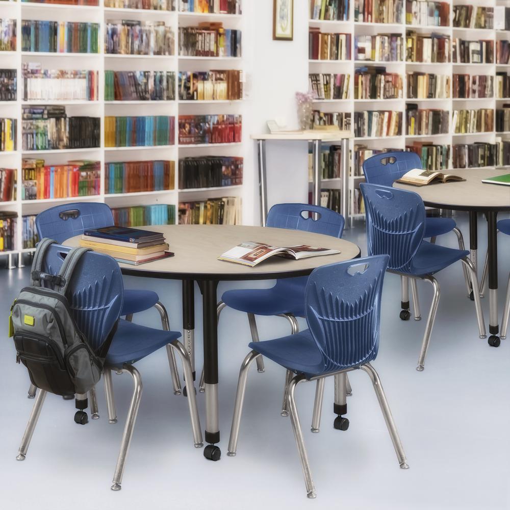 Kee 48" Round Height Adjustable Classroom Table - Maple & 4 Andy 18-in Stack Chairs- Navy Blue. Picture 6