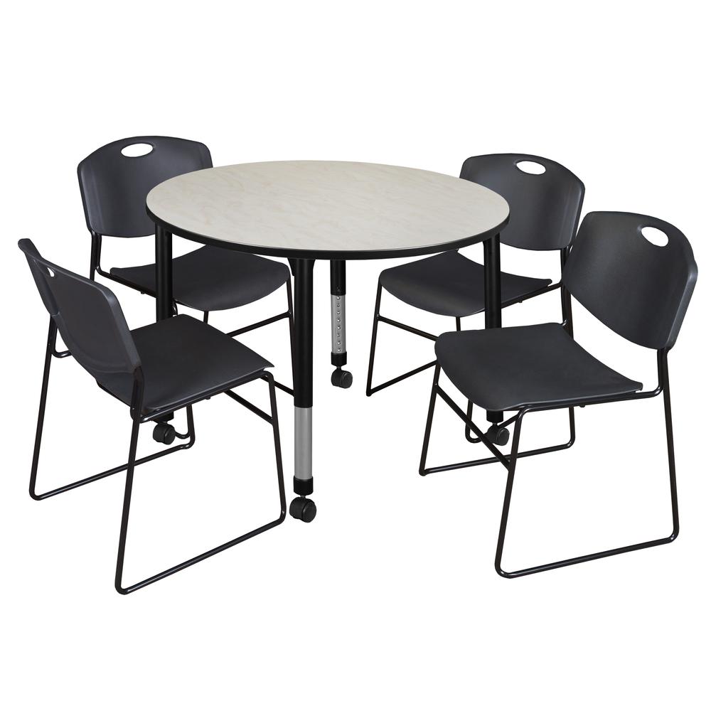 Kee 48" Round Height Adjustable Mobile Classroom Table - Maple & 4 Zeng Stack Chairs- Black. Picture 1