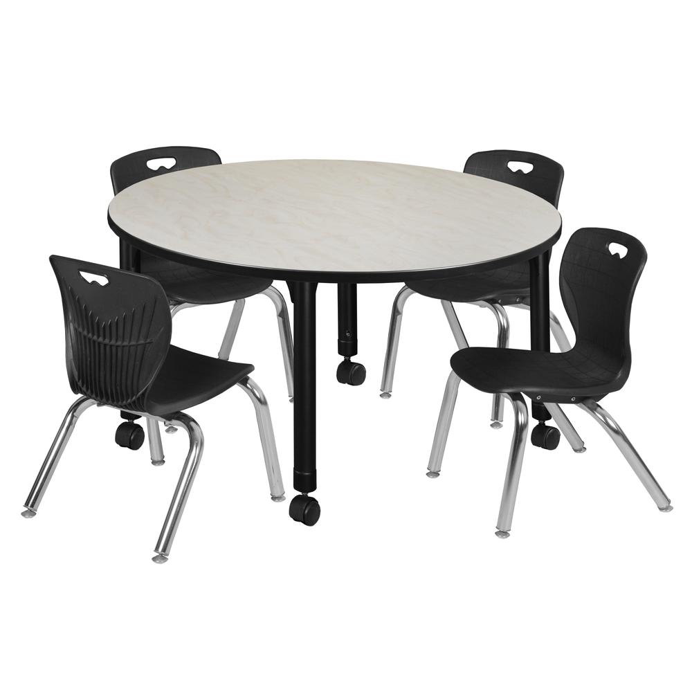 Kee 48" Round Height Adjustable Classroom Table - Maple & 4 Andy 12-in Stack Chairs- Black. Picture 1
