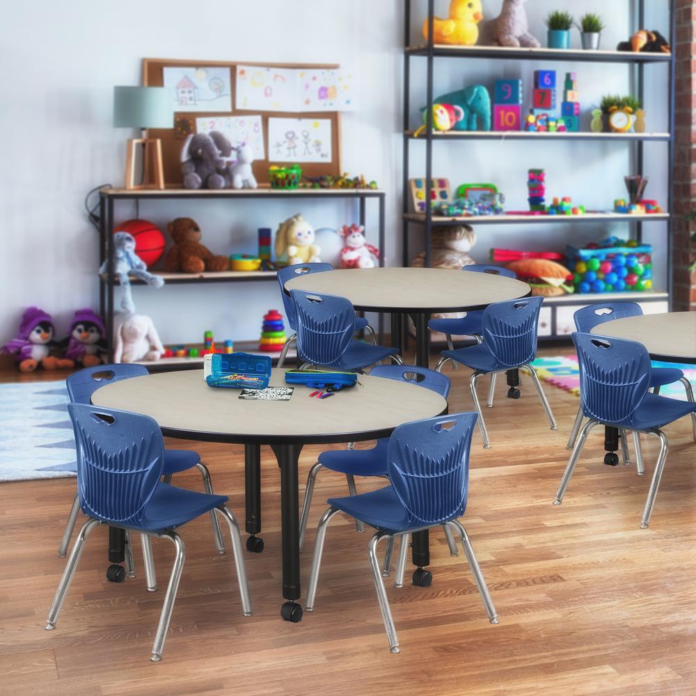 Kee 48" Round Height Adjustable Classroom Table - Maple & 4 Andy 12-in Stack Chairs- Navy Blue. Picture 6