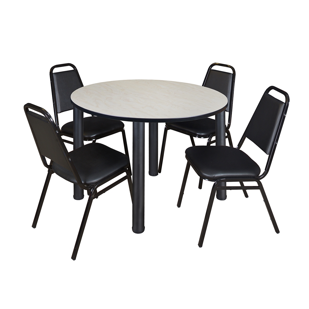 Kee 48" Round Breakroom Table- Maple/ Black & 4 Restaurant Stack Chairs- Black. Picture 1