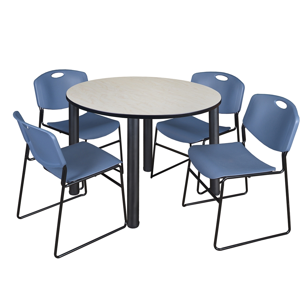 Kee 48" Round Breakroom Table- Maple/ Black & 4 Zeng Stack Chairs- Blue. Picture 1