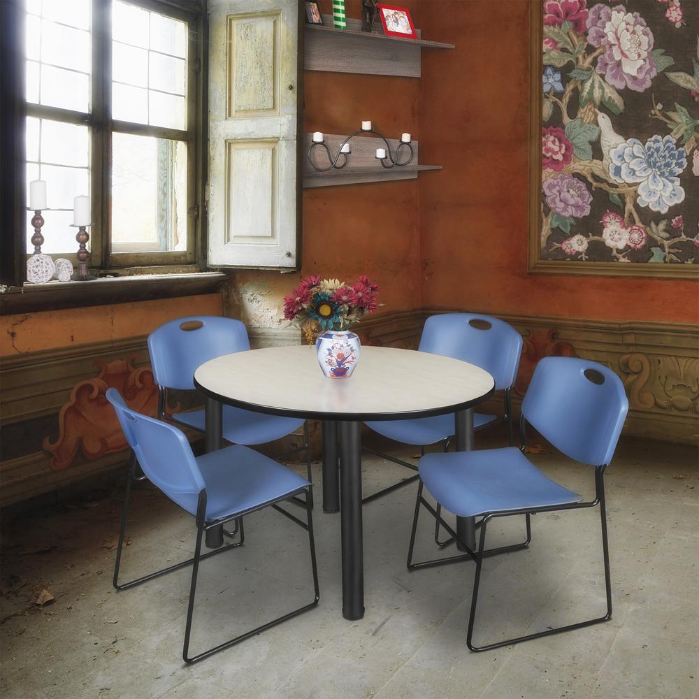 Kee 48" Round Breakroom Table- Maple/ Black & 4 Zeng Stack Chairs- Blue. Picture 2