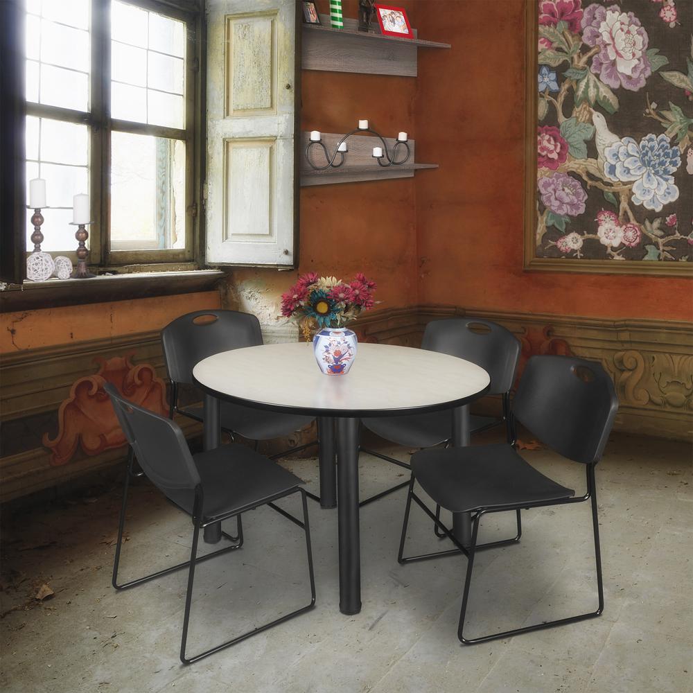 Kee 48" Round Breakroom Table- Maple/ Black & 4 Zeng Stack Chairs- Black. Picture 2