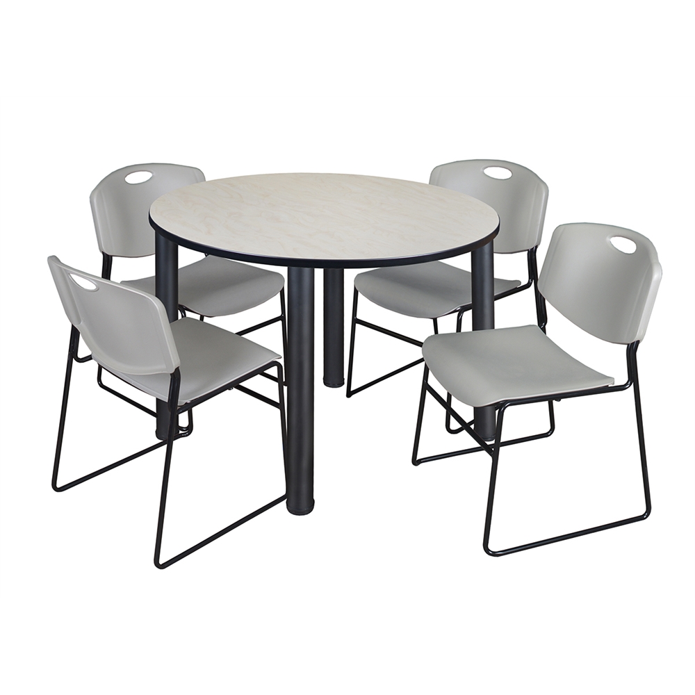 Kee 48" Round Breakroom Table- Maple/ Black & 4 Zeng Stack Chairs- Grey. Picture 1