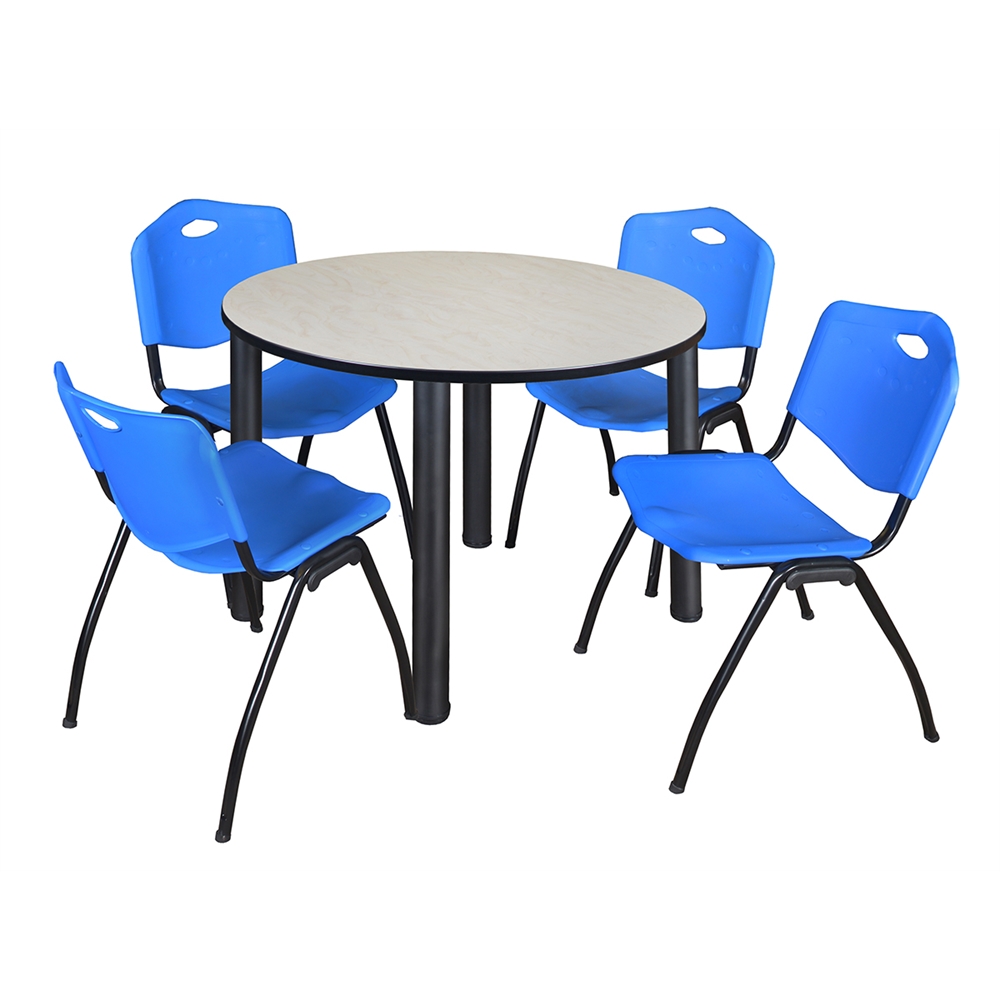 Kee 48" Round Breakroom Table- Maple/ Black & 4 'M' Stack Chairs- Blue. Picture 1