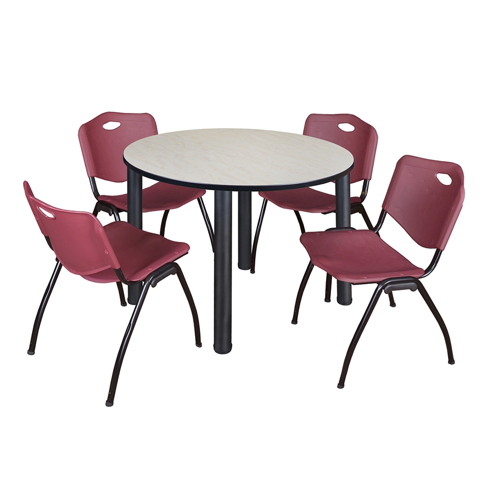 Kee 48" Round Breakroom Table- Maple/ Black & 4 'M' Stack Chairs- Burgundy. Picture 1