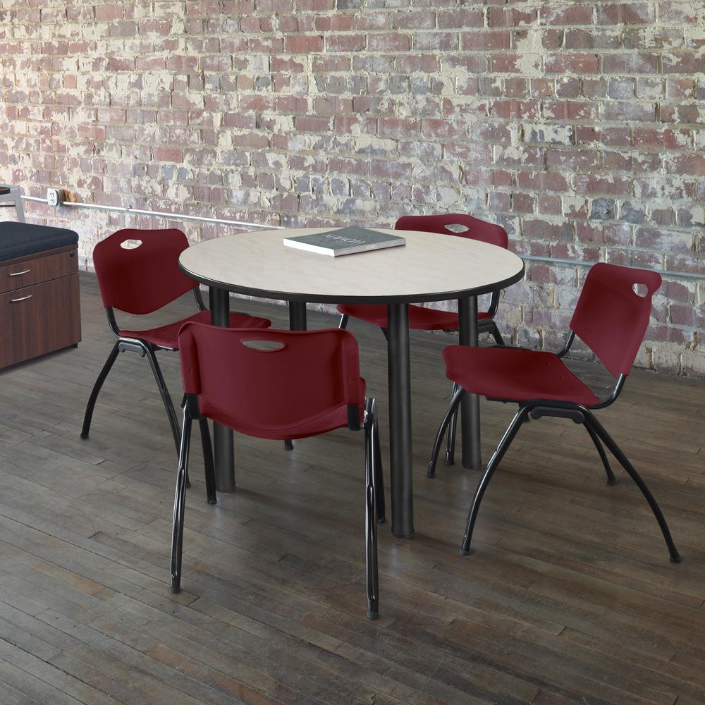 Kee 48" Round Breakroom Table- Maple/ Black & 4 'M' Stack Chairs- Burgundy. Picture 2