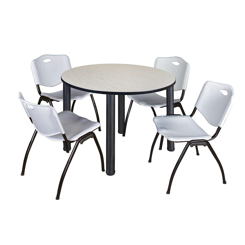 Kee 48" Round Breakroom Table- Maple/ Black & 4 'M' Stack Chairs- Grey. Picture 1