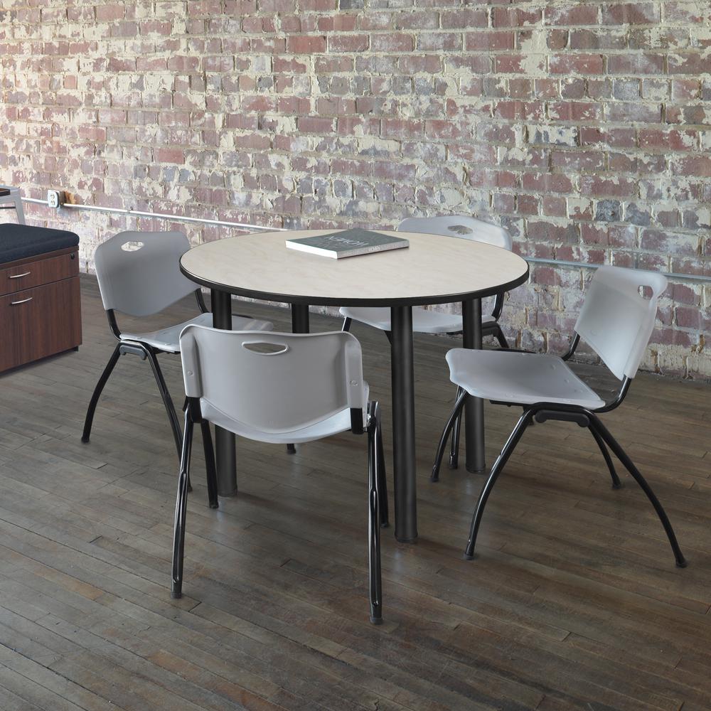 Kee 48" Round Breakroom Table- Maple/ Black & 4 'M' Stack Chairs- Grey. Picture 2