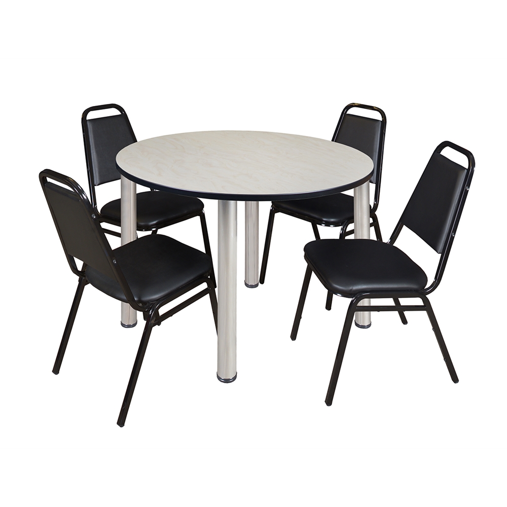 Kee 48" Round Breakroom Table- Maple/ Chrome & 4 Restaurant Stack Chairs- Black. Picture 1