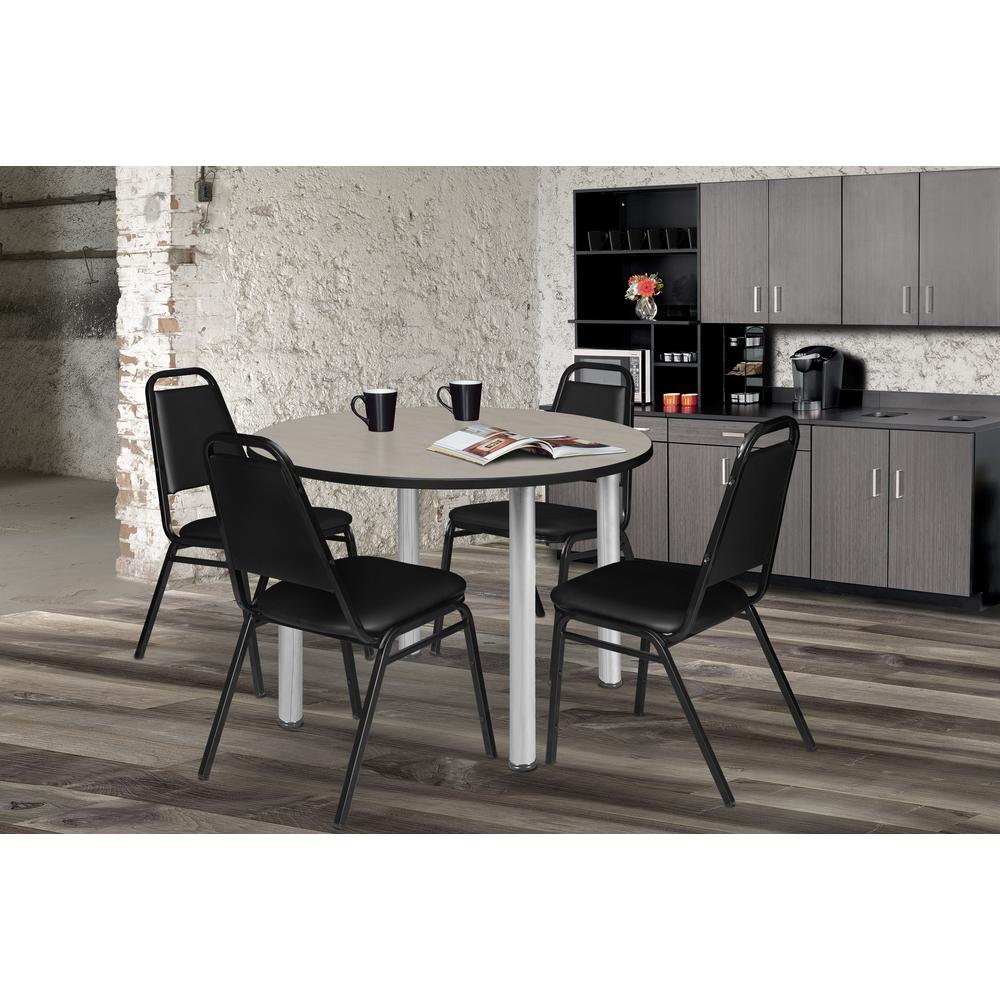 Kee 48" Round Breakroom Table- Maple/ Chrome & 4 Restaurant Stack Chairs- Black. Picture 2