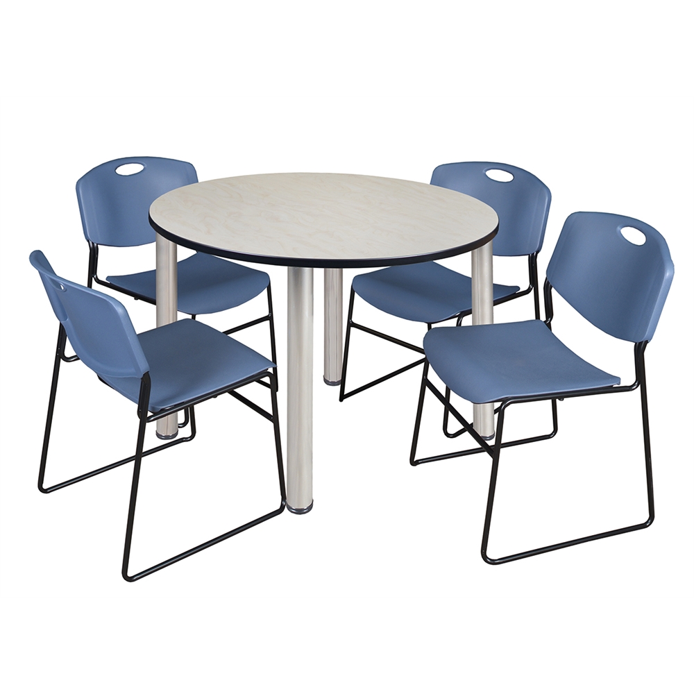 Kee 48" Round Breakroom Table- Maple/ Chrome & 4 Zeng Stack Chairs- Blue. Picture 1