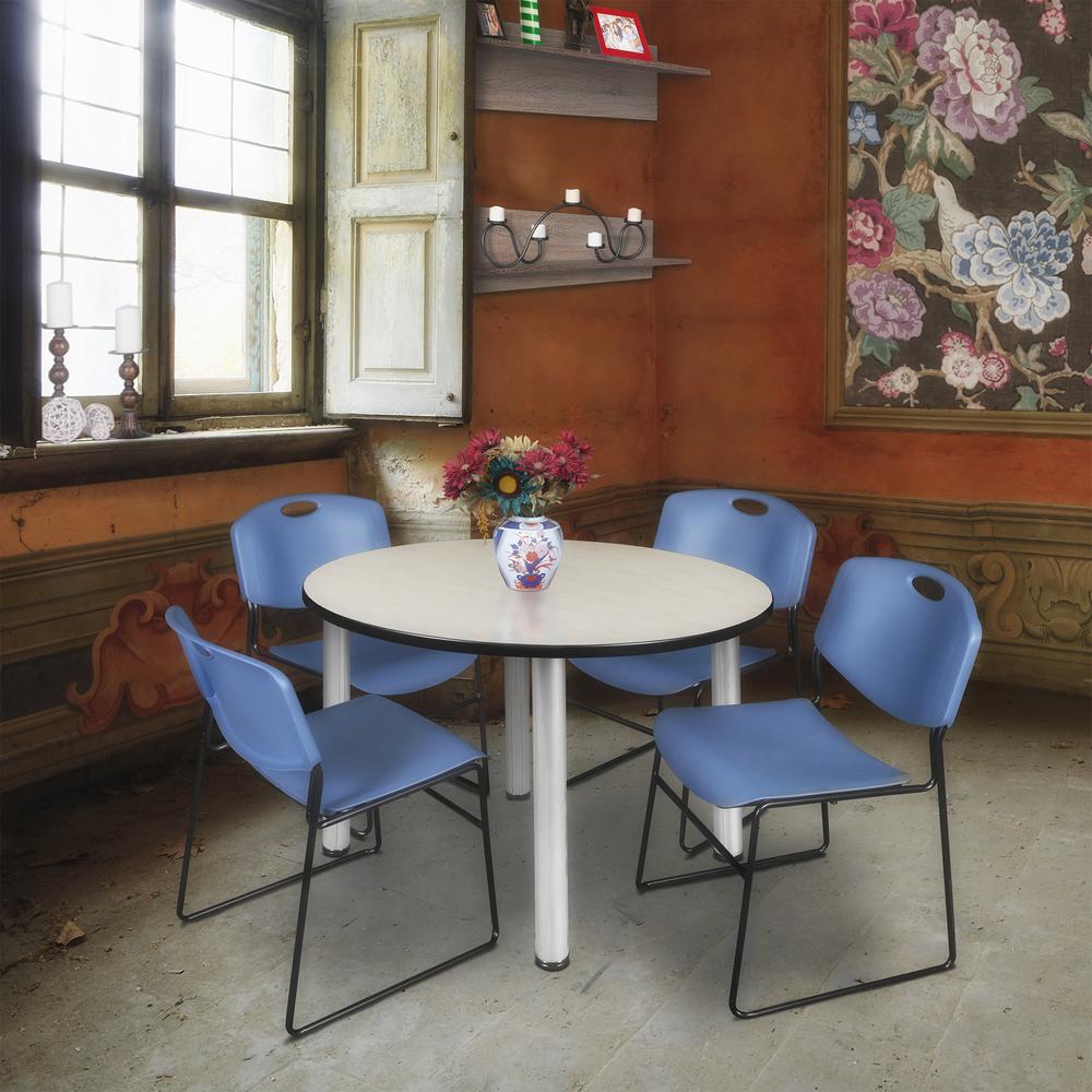 Kee 48" Round Breakroom Table- Maple/ Chrome & 4 Zeng Stack Chairs- Blue. Picture 2