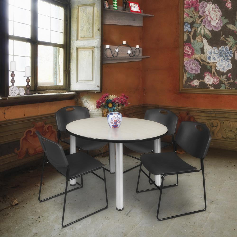 Kee 48" Round Breakroom Table- Maple/ Chrome & 4 Zeng Stack Chairs- Black. Picture 2