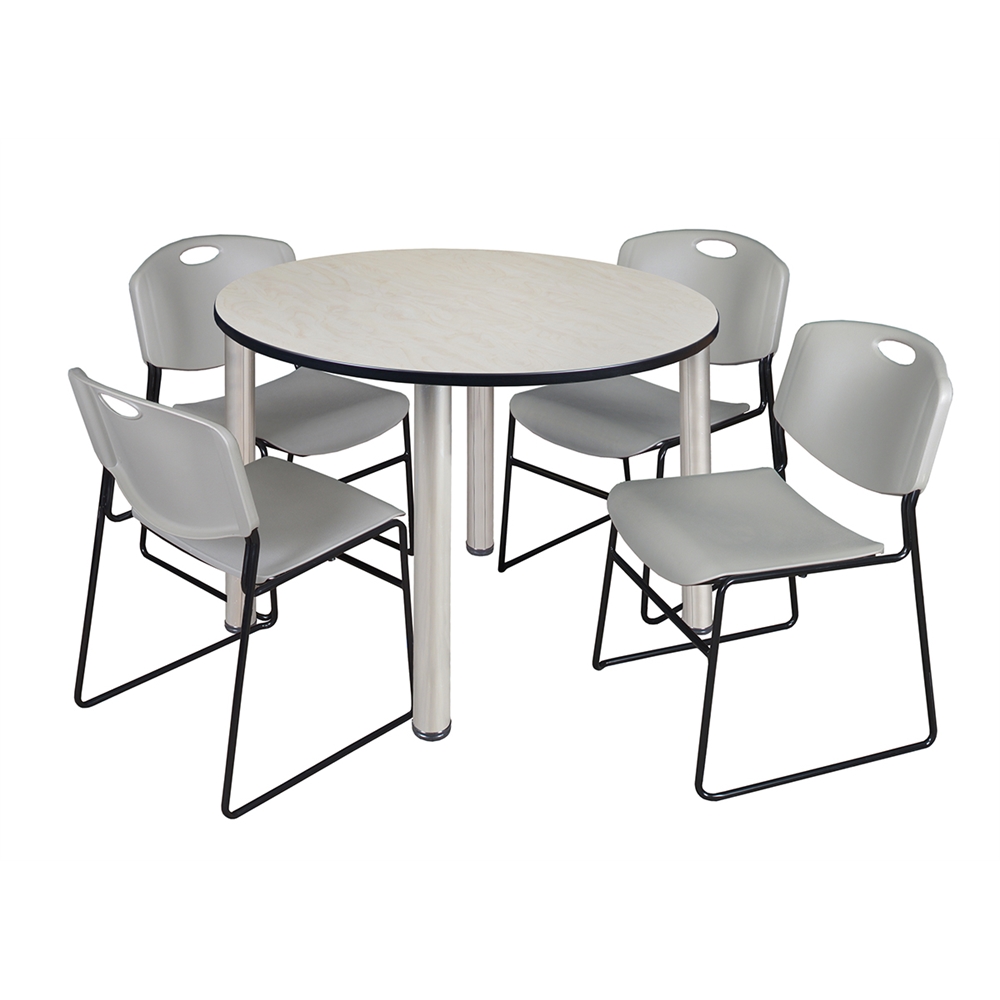 Kee 48" Round Breakroom Table- Maple/ Chrome & 4 Zeng Stack Chairs- Grey. Picture 1