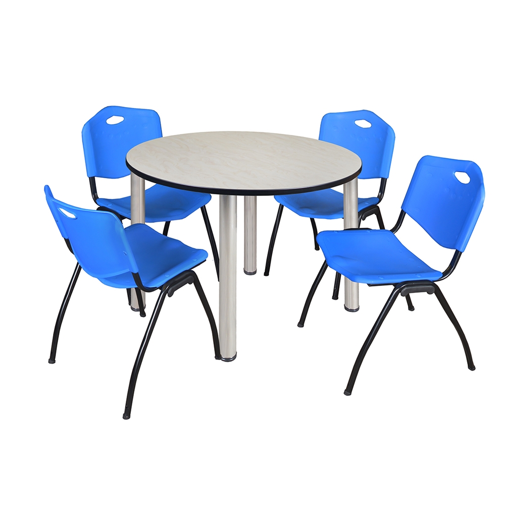Kee 48" Round Breakroom Table- Maple/ Chrome & 4 'M' Stack Chairs- Blue. Picture 1