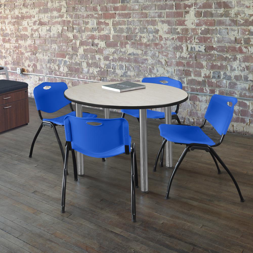 Kee 48" Round Breakroom Table- Maple/ Chrome & 4 'M' Stack Chairs- Blue. Picture 2