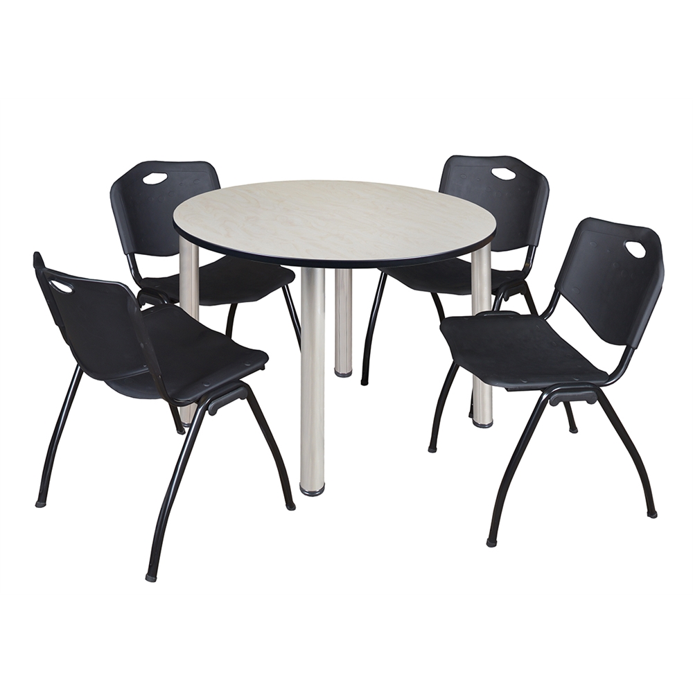 Kee 48" Round Breakroom Table- Maple/ Chrome & 4 'M' Stack Chairs- Black. Picture 1