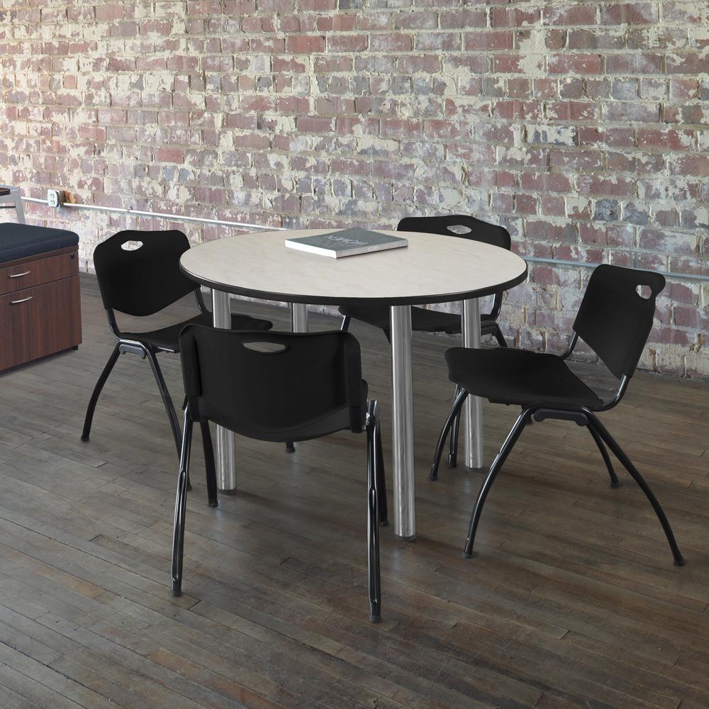 Kee 48" Round Breakroom Table- Maple/ Chrome & 4 'M' Stack Chairs- Black. Picture 2