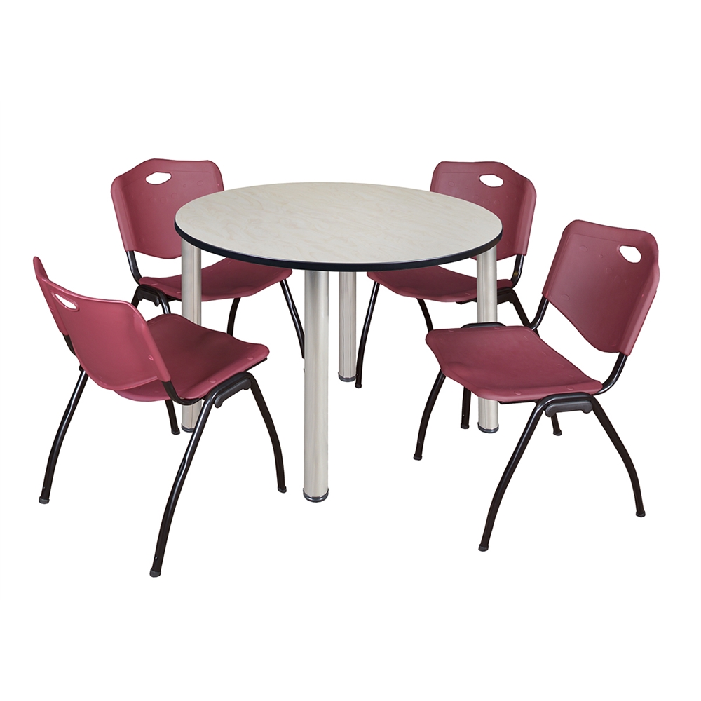 Kee 48" Round Breakroom Table- Maple/ Chrome & 4 'M' Stack Chairs- Burgundy. Picture 1