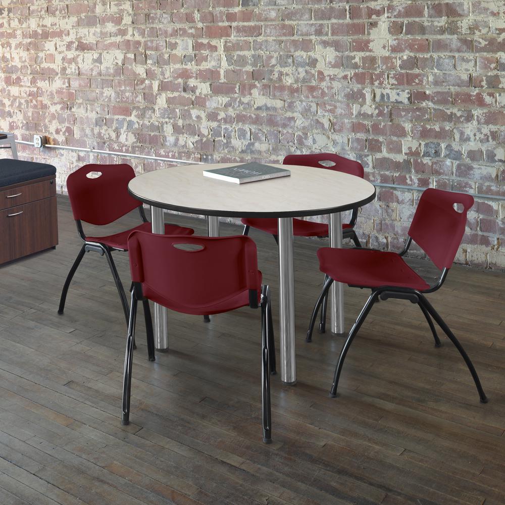 Kee 48" Round Breakroom Table- Maple/ Chrome & 4 'M' Stack Chairs- Burgundy. Picture 2