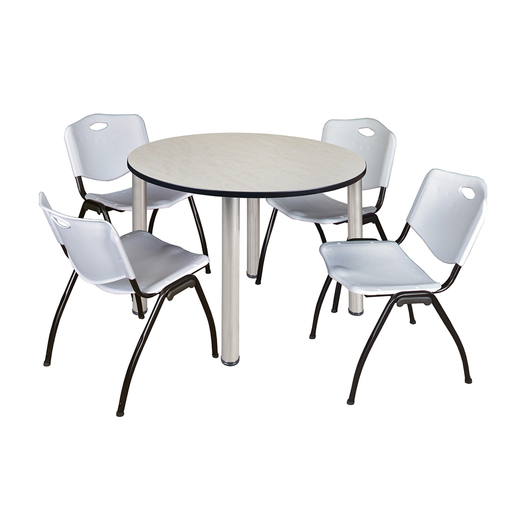 Kee 48" Round Breakroom Table- Maple/ Chrome & 4 'M' Stack Chairs- Grey. Picture 1