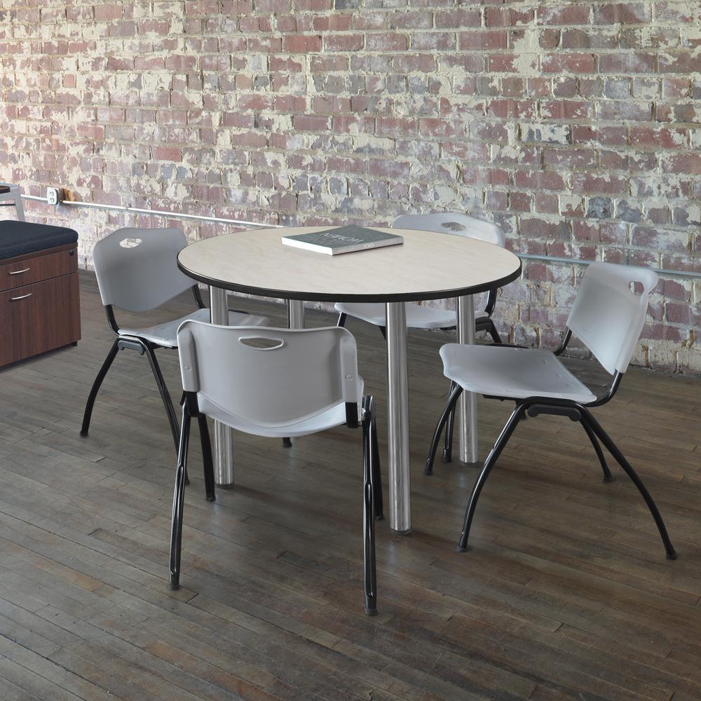 Kee 48" Round Breakroom Table- Maple/ Chrome & 4 'M' Stack Chairs- Grey. Picture 2
