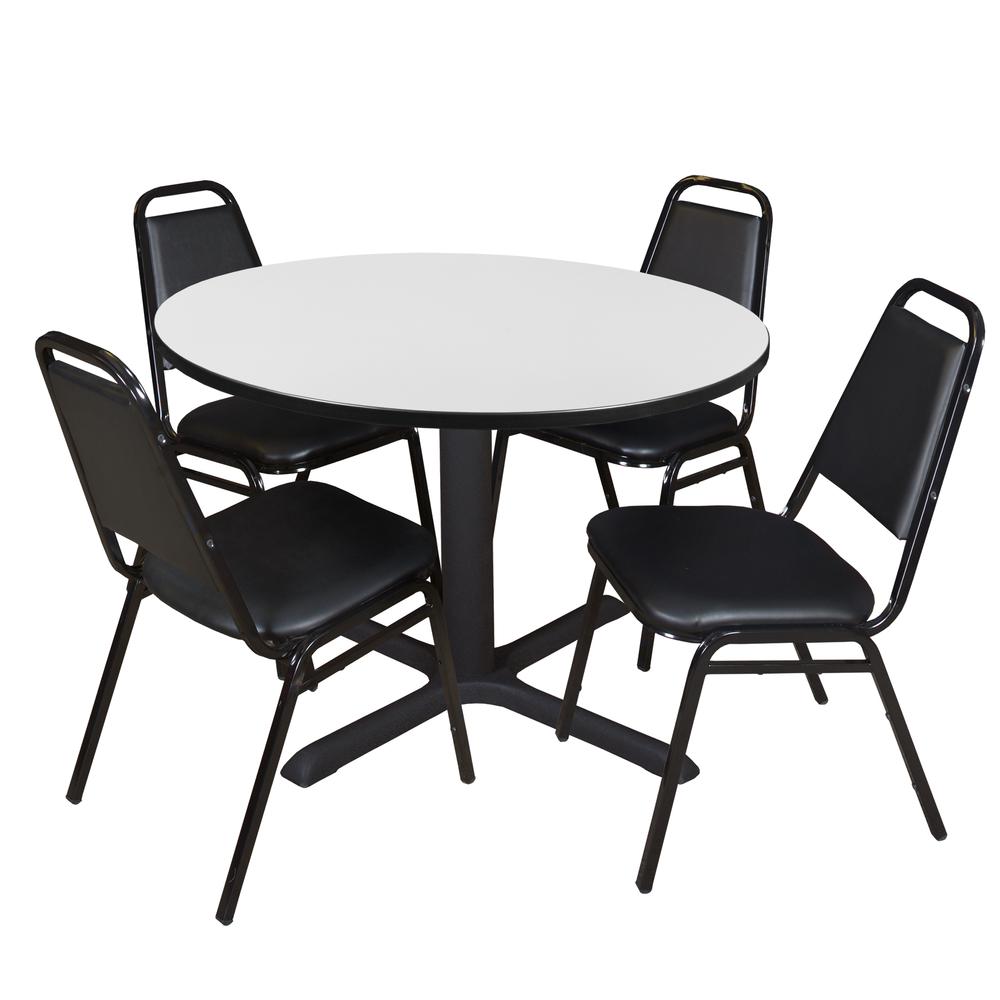 Regency Cain 48 in. Round Breakroom Table- White & 4 Restaurant Stack Chairs- Black. Picture 1