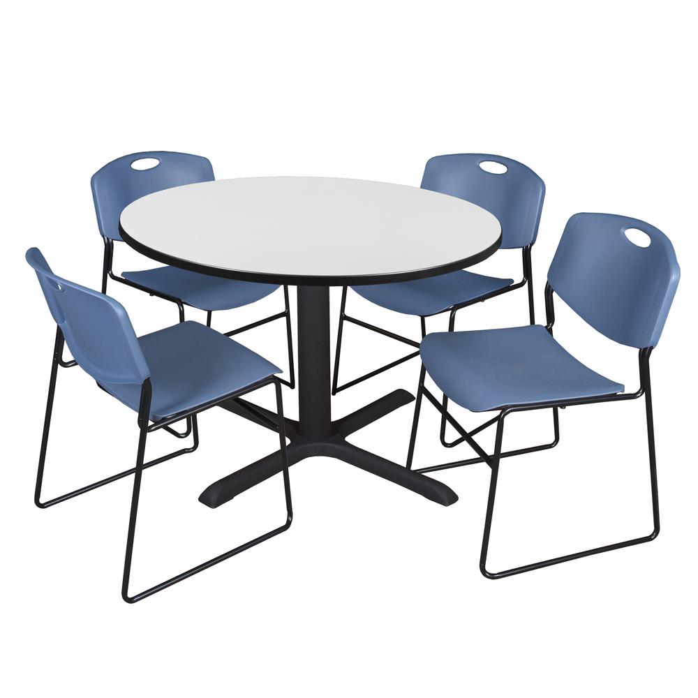 Regency Cain 48 in. Round Breakroom Table- White & 4 Zeng Stack Chairs- Blue. Picture 1