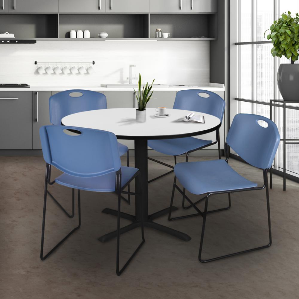 Regency Cain 48 in. Round Breakroom Table- White & 4 Zeng Stack Chairs- Blue. Picture 8
